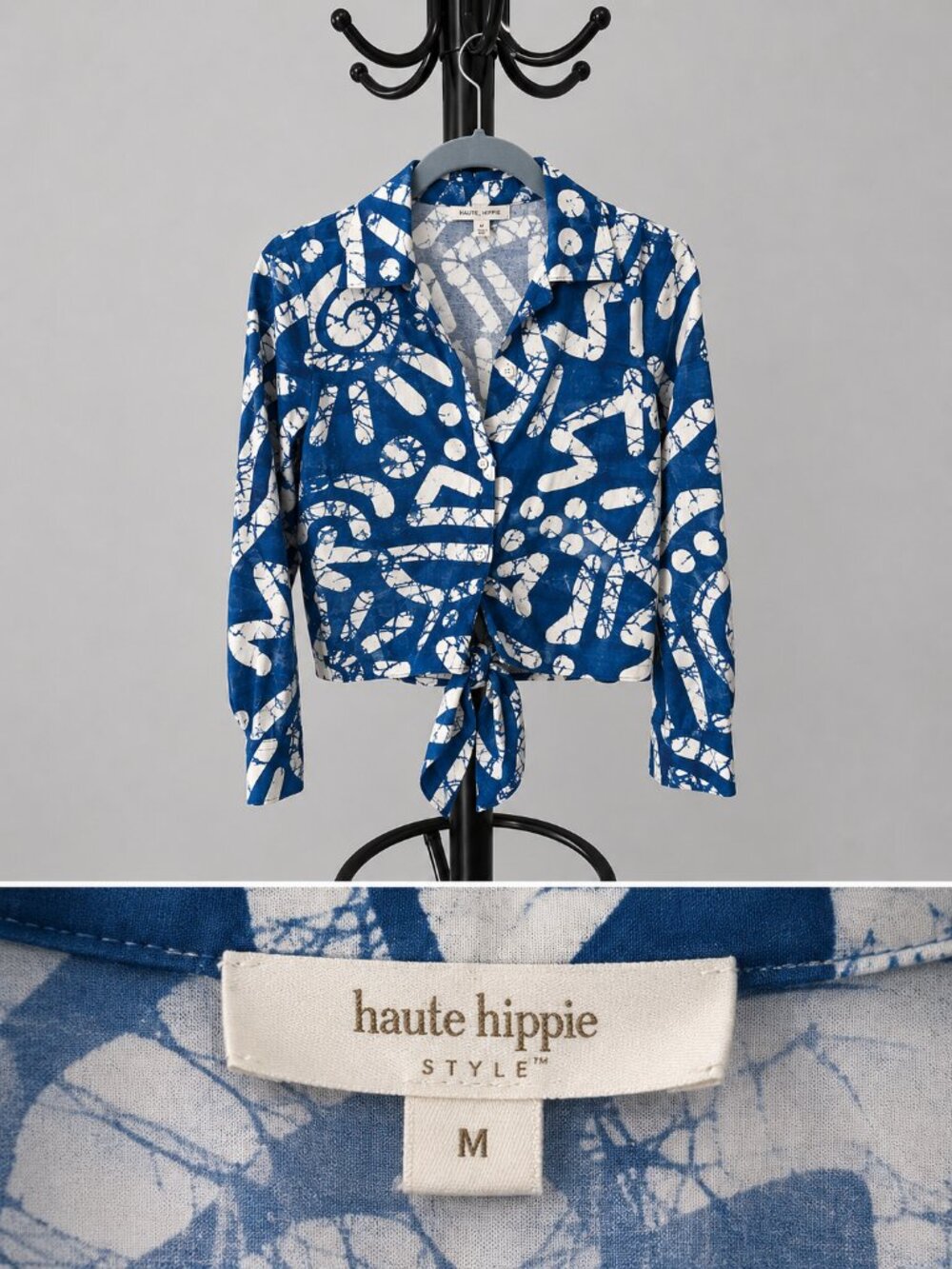 Haute Hippie Linen Blend Blue White Abstract Button Front Tie Top Medium